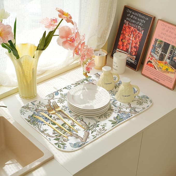 Blue Green Floral Bird Dish Drying Mats 18x24 Inch Blue Green Vintage Flowers Bird Chinoiserie Decorative Drying Mats Outdoor Kitchen Decor Coffee Bar Mat for Kitchen Dining Room