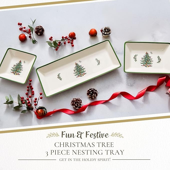 Spode Christmas Tree 3-Piece Dessert Trays, Serveware - Holiday Dinnerware & Decorative Tray, Holiday Winter Serving for All Parties & Occasions - for Snacks, Appetizers, Cookies