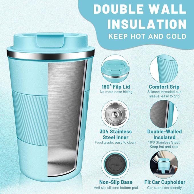 Insulated Coffee Tumblers with Flip Lid 12oz / 17oz, Stainless Steel Travel Coffee Mug Leak Proof, Vacuum Insulated Coffee Mug Reusable Cup, Keeps Cold and Hot for Coffee Tea
