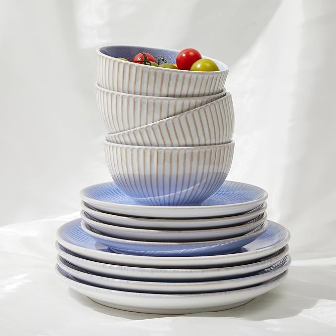 Ceramic Dinnerware Sets, Handmade Reactive Glaze Plates and Bowls Sets, Highly Chip and Crack Resistant Dish Set, Distinctive Granulated Surface Dishwasher & Microwave Safe Service for 4