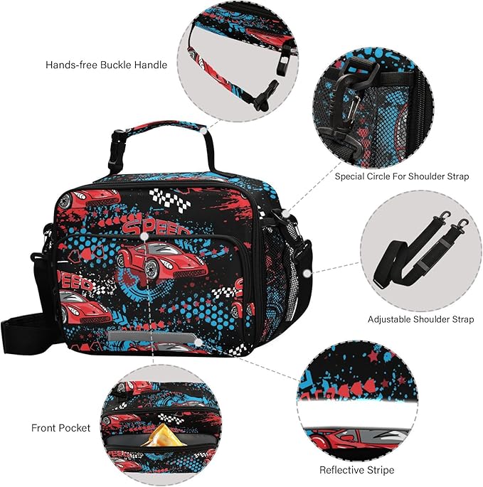 ALAZA Race Car Boys Lunch Box Kids Lunchbox Insulated Reusable Meal Container Lunchbag with Shoulder Strap