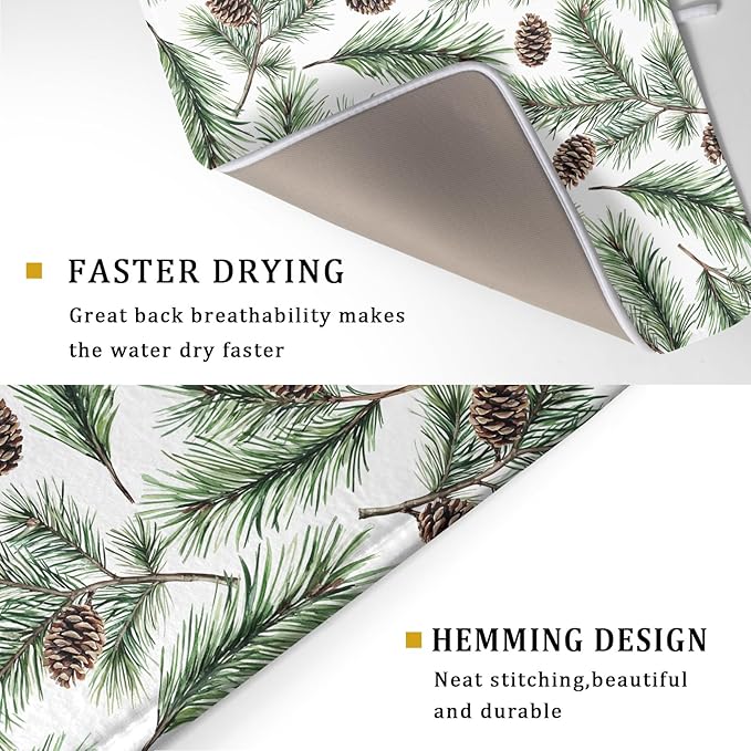 Winter Dish Drying Mat for Kitchen Counter Pine Needle Cone Festival Xmas Microfiber Absorbent Dish Draining Reusable Washable Foldable Extra Large 18"x24"