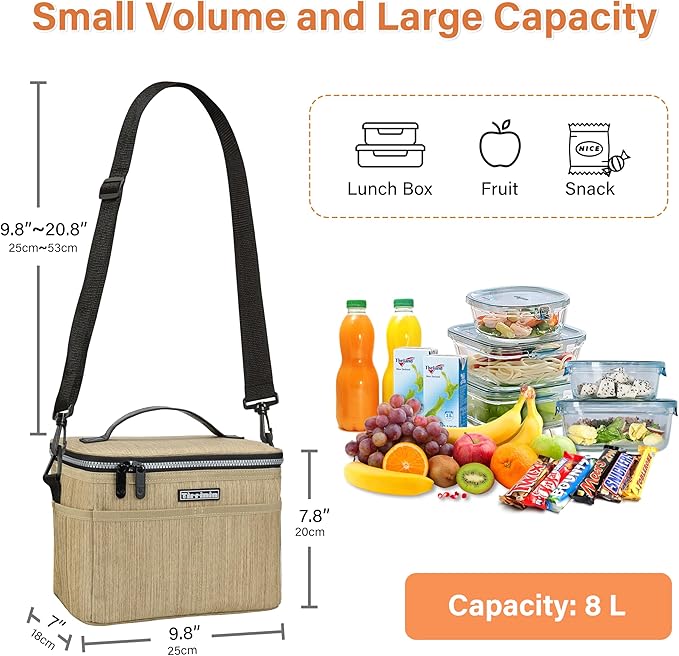 Tirrinia Insulated Lunch Bag for Women Men, Leakproof Lunch Box Containers for Adult, Work, School, Soft Lunchbox for Kids,Boys, Adult Cooler Bag for Picnic Hiking Beach,Khaki