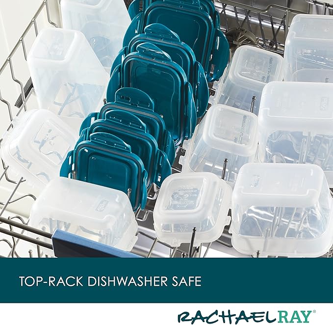 Rachael Ray Leak-Proof Stacking Container Food Storage Bin Set, 20-Piece, Clear with Teal Lids
