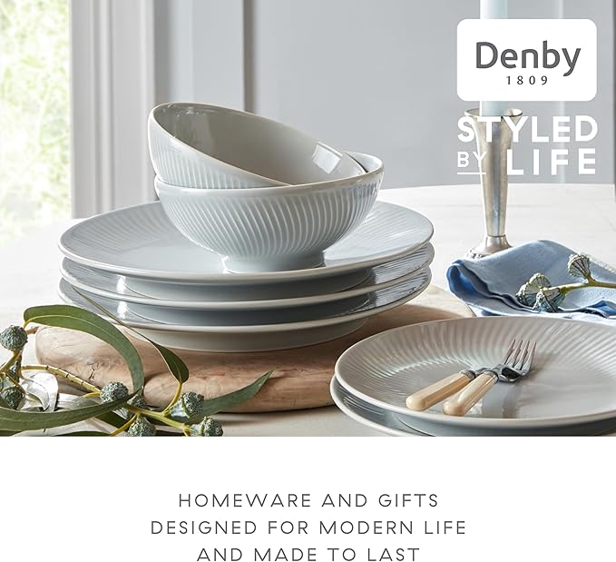 Denby - Arc Grey Porcelain Dinner Set For 4-12 Piece Textured Tableware Set For Any Occasion - Dishwasher Microwave Oven Safe - Scratch Chip Resistant