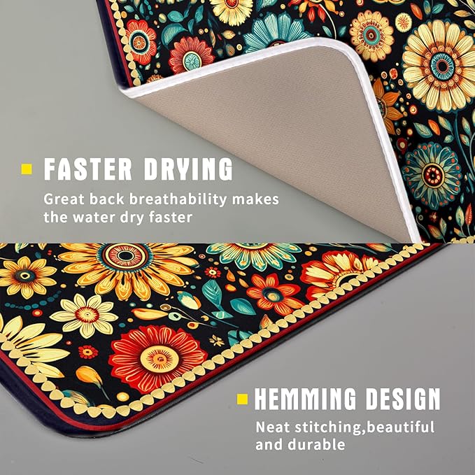 Bohemian Style Flowers Drying Pad Boho Floral Dish Drying Mat for Kitchen Counter Absorbent Microfiber Drainer Rack Mat