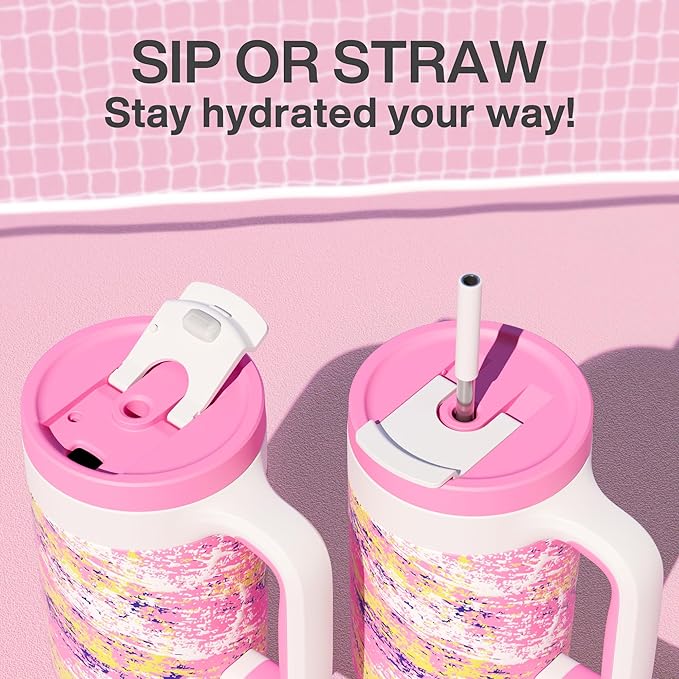 40 oz Tumbler with Handle, 2-in-1 Straw and Sip Lid, Leakproof, Dishwasher Safe, Insulated Stainless Steel Travel Coffee Mug, Keeps Cold for 34 Hours, Fits in Car Cup Holder (Pink Ladies)