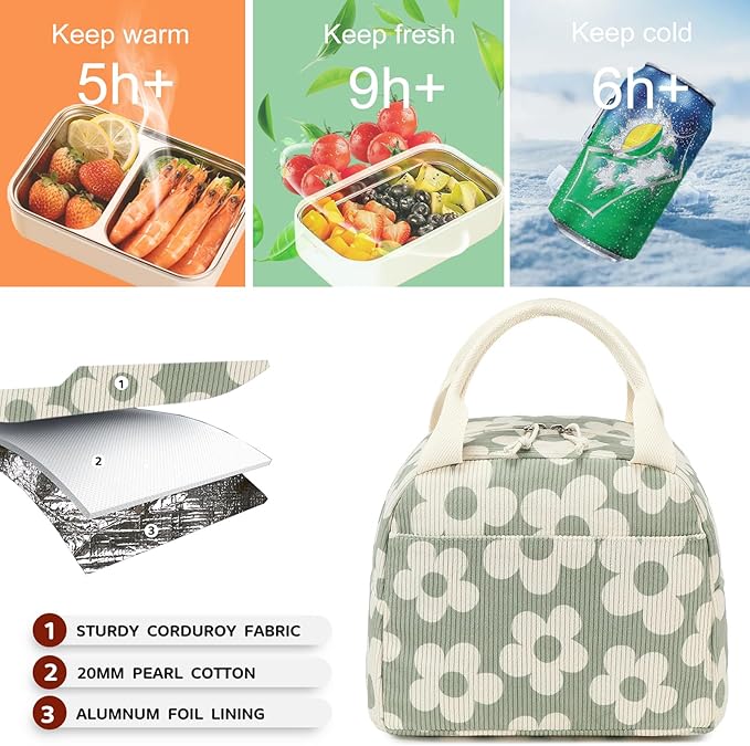 Bluboon Lunch Bag for Women Men Cute Corduroy Lunch Tote Bags Reusable Insulated Lunch Box Large Capacity Reusable Insulated Cooler for Work Picnic or Travel