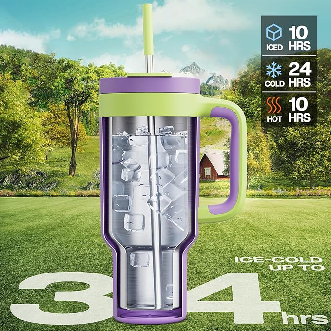 40 oz Tumbler with Handle, 2-in-1 Straw and Sip Lid, Leakproof, Dishwasher Safe, Insulated Stainless Steel Travel Coffee Mug, Keeps Cold for 34 Hours, Fits in Car Cup Holder (Wisteria)