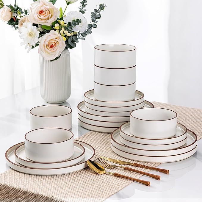 LERATIO Ceramic Dinnerware Sets for 8, High Edge Stoneware Plates and Bowls Set, Chip and Crack Resistant | Oven & Dishwasher & Microwave Safe Dishes Set, Service for 8 -Vanilla White