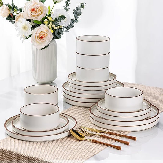 LERATIO Ceramic Dinnerware Sets for 8, High Edge Stoneware Plates and Bowls Set, Chip and Crack Resistant | Oven & Dishwasher & Microwave Safe Dishes Set, Service for 8 -Vanilla White