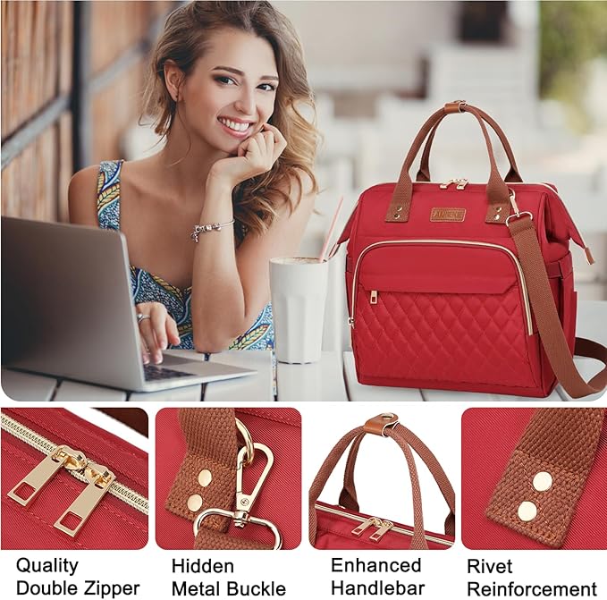 AIJIEKE Lunch Bag for Women, Large Lunch Box for Work Insulated Lunch Bag, Adult Leak Proof Lunch Tote Cooler Bag with Side Pockets & Adjustable Strap, Lunch Purse for Picnic Beach Hiking, Red