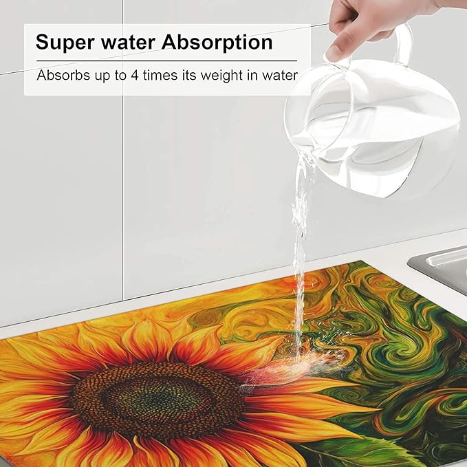 Watercolor Sunflower Dish Drying Mat for Kitchen Counter Microfiber Super Absorbent Non-Slip Dish Drying Pad for Countertops Dishes Utensils Stylish Quick-Dry Machine Washable 18x24 Inch