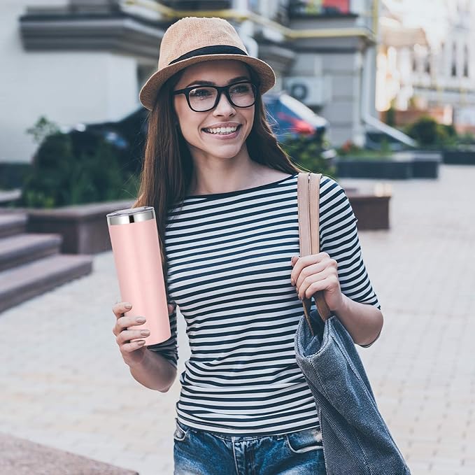 VEGOND Stainless Steel Tumblers Bulk 6 Pack, 20 oz Vacuum Insulated Skinny Tumblers with Lid and Straw, Double Wall Coffee Mug, Travel Water Cup, Light Pink