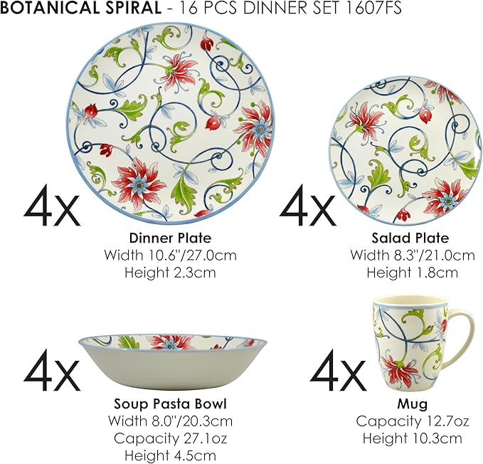 Tudor Royal Collection 16-Piece Round Dinnerware Set, Service for 4, Botanical Design, Plates Bowls Dishes, High-Gloss Premium Quality