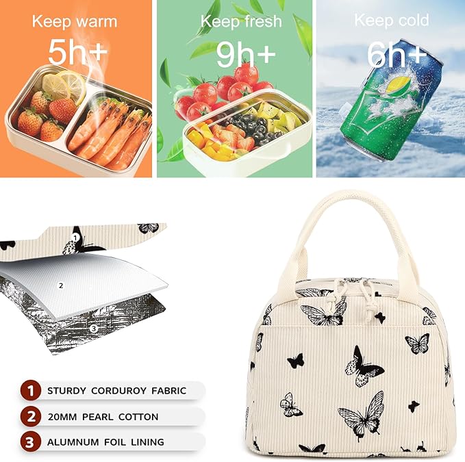 Bluboon Lunch Bag for Women Men Cute Corduroy Lunch Tote Bags Reusable Insulated Lunch Box Large Capacity Reusable Insulated Cooler for Work Picnic or Travel