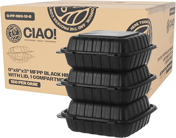 CIAO! 9"x9"x3" MFPP Black Hinged Container With Lid 1 Compartment (Case of 150)