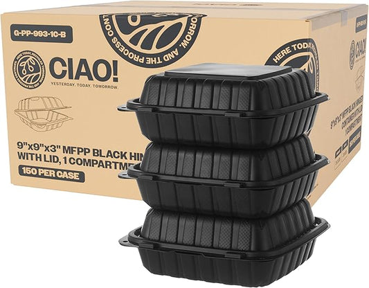 CIAO! 9"x9"x3" MFPP Black Hinged Container With Lid 1 Compartment (Case of 150)
