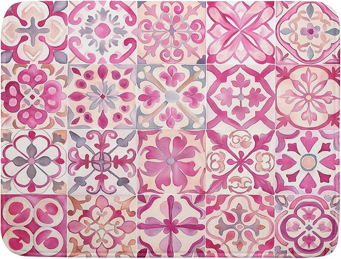 Pink Mexican Tiles Dish Drying Mat Absorbent Microfiber Dish Drying Pad for Kitchen Multi-use Large