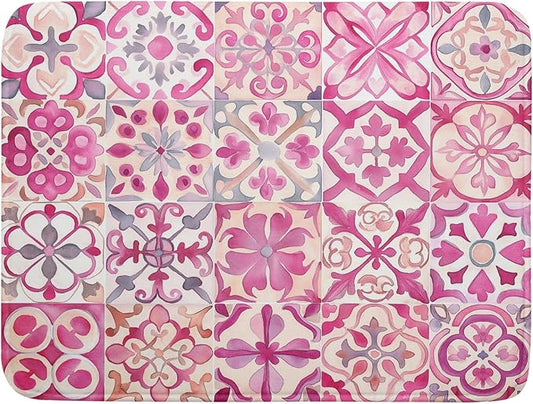 Pink Mexican Tiles Dish Drying Mat Absorbent Microfiber Dish Drying Pad for Kitchen Multi-use Large