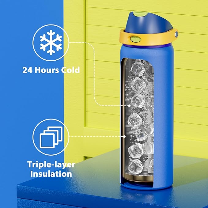 32 oz Insulated Water Bottle for Men: Meoky Stainless Steel Water Bottle with 2-in-1 Straw and Spout Lid - Leak Proof, Cold for 24 Hours, Protective Silicone Base, BPA-Free for Sports Gym, Sapphire