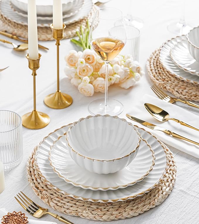 GBHOME Stoneware Dinnerware Sets for 4,Handcrafted Embossed Design Reactive Glaze Ceramic Plates and Bowls, Dishwasher and Microwave Safe, Service for 4(12pcs)