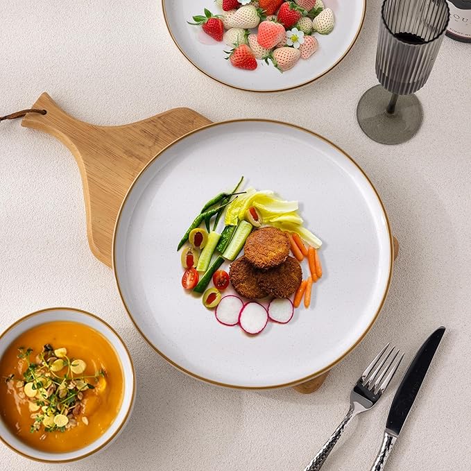 AmorArc Dinnerware Set, 12 Pieces Ceramic Plates and Bowls Set, Stoneware Plates Sets Handpainted, Dishwasher & Microwave Safe Dishes (Speckled White, Service for 4)