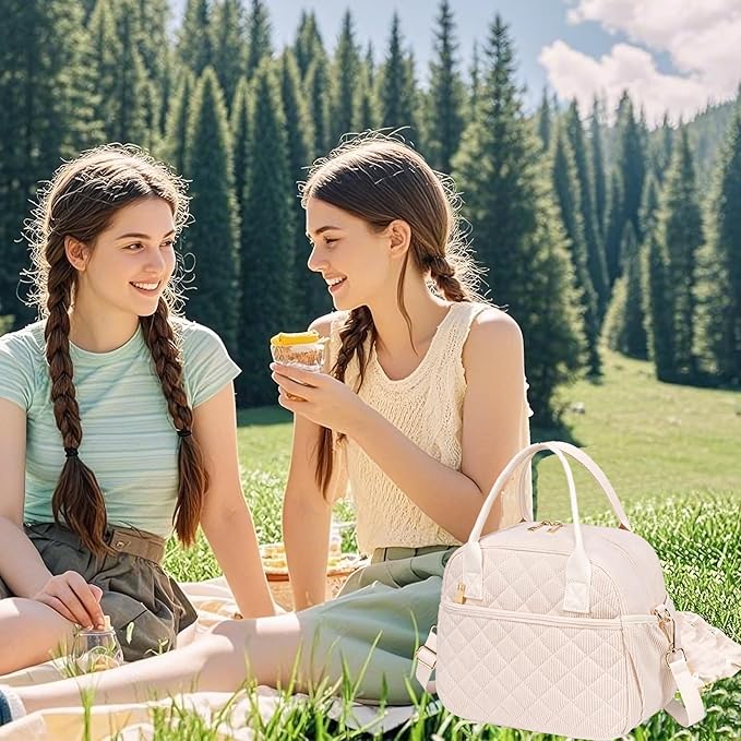 CAMTOP Lunch Box for Women Insulated Lunch Bag Lunchbox Cooler Thermal Leakproof Quilted Reusable Lunch Tote Bag for Work School Travel Picnic (Z-Beige)