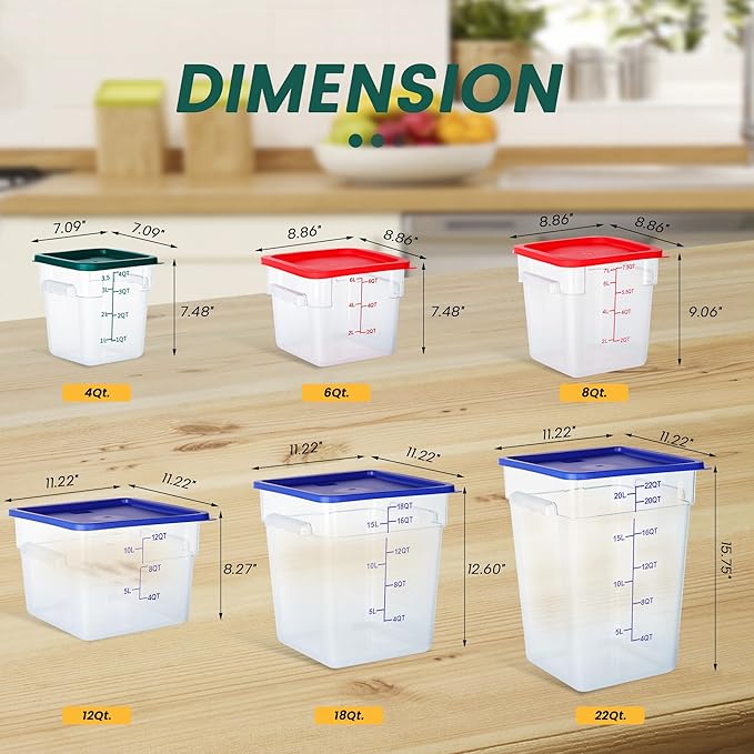 4 Pack 8 Quart Food Storage Containers with Lids, Polycarbonate Square Commercial Food Containers, NSF, Clear, New Version