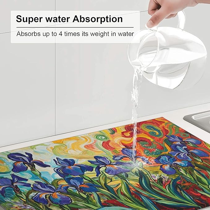 watercolor Flowers Dish Drying Mat for Kitchen Counter Microfiber Super Absorbent Non-Slip Dish Drying Pad for Countertops Dishes Utensils Stylish Quick-Dry Machine Washable 18x24 Inch