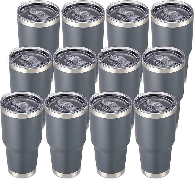 30 oz Tumbler with Lid Stainless Steel Tumblers Bulk Vacuum Insulated Cup Reusable Powder Coated Travel Mug Double Wall Leak Proof Cups Keep Cold Drinks for 12 Hours Gray, Set of 12