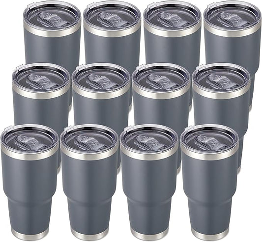 30 oz Tumbler with Lid Stainless Steel Tumblers Bulk Vacuum Insulated Cup Reusable Powder Coated Travel Mug Double Wall Leak Proof Cups Keep Cold Drinks for 12 Hours Gray, Set of 12