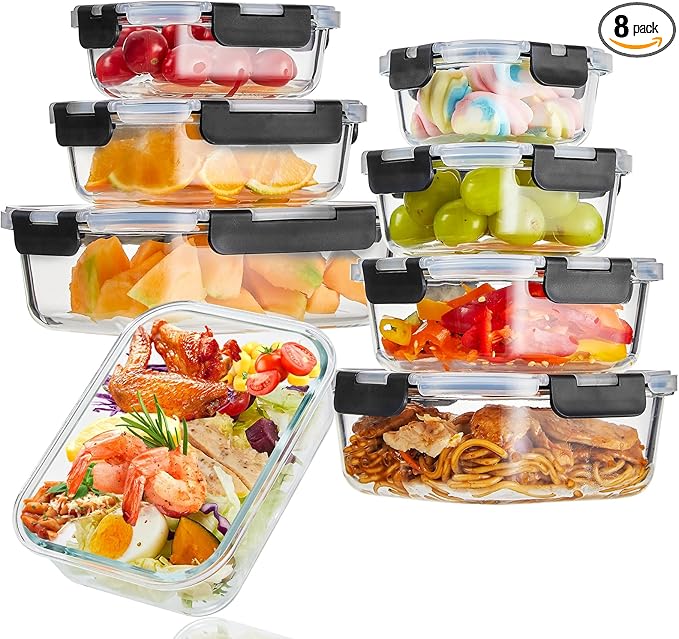 Wells Glass Meal Prep Containers, 8 Pack Glass Food Storage Containers Set with Airtight Locking Lids for Lunch, Fridge, Freezer, Dishwasher Safe, BPA-Free, Clear