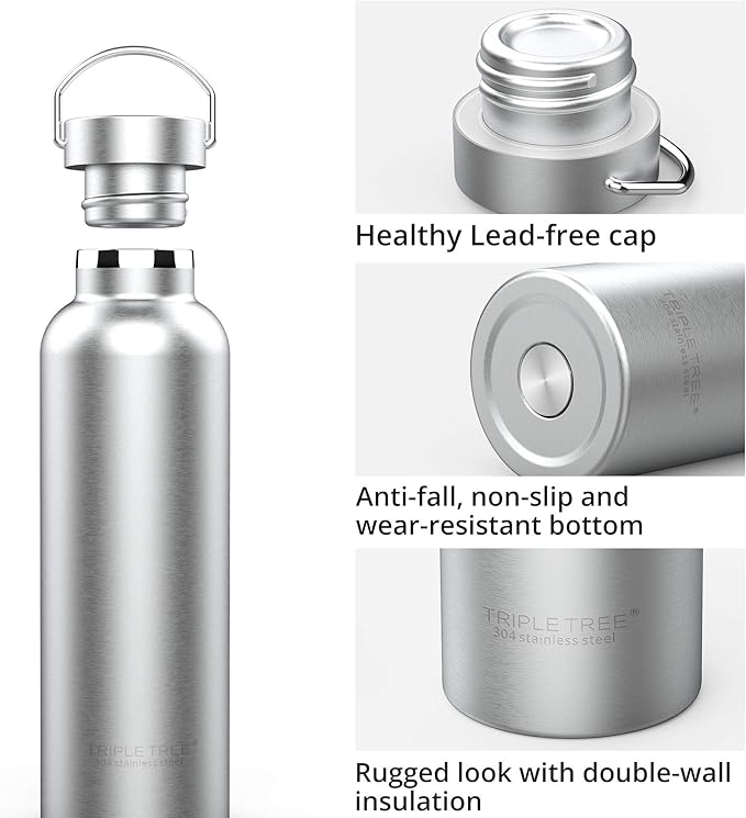 Triple Tree 34OZ Vacuum Insulated Stainless Steel Water Bottle, Double Wall Wide Mouth Lids Keeps beverage Hot or Cold Sweat Proof