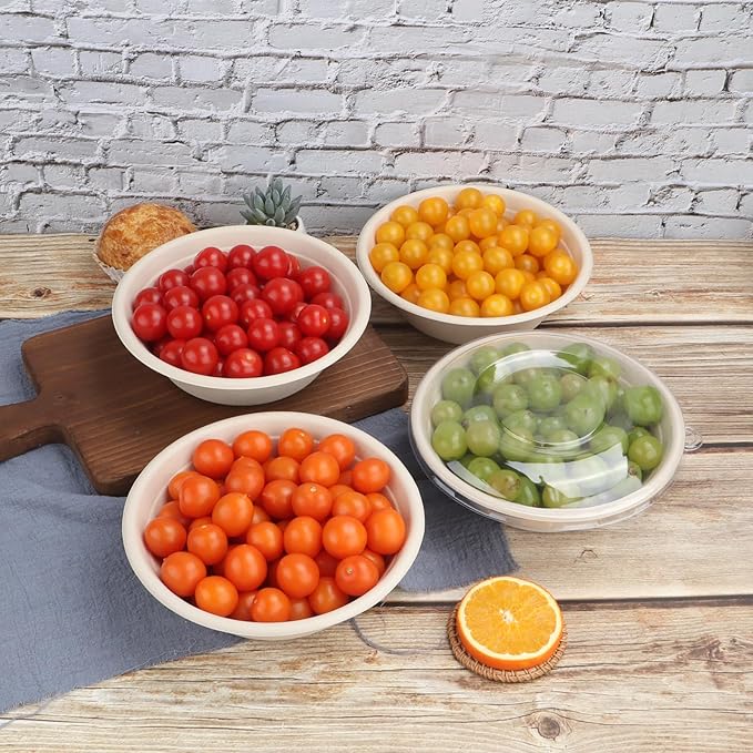 32 oz Disposable salad bowls with lids, Sugarcane Fiber Paper Bowls take away food containers Plant Fibers Freezer Safe 50 Pack