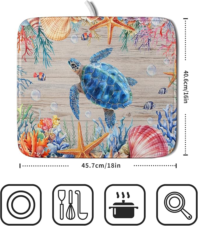 Sea Turtle Dish Drying Mat 16x18 inch Tropical Ocean Fast Dry Absorbent Microfiber Dishes Drainer Rack Pad for Countertop Bar Table Decor