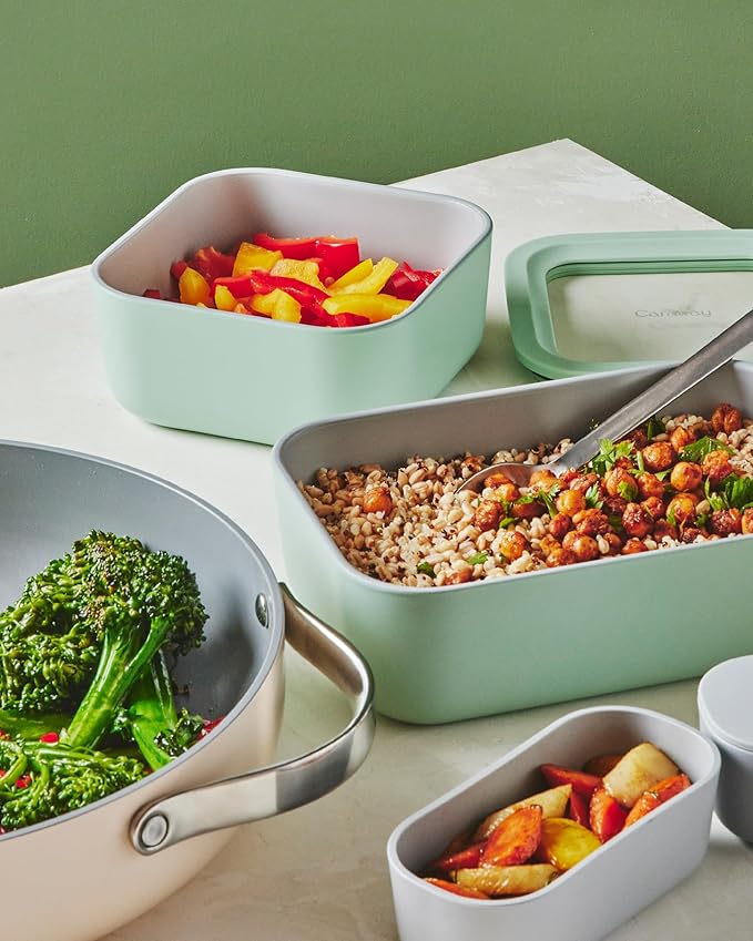 Caraway 2pc Glass Food Storage Set - 4.4 Cup Food Containers (2) - Ceramic Coated - Non Toxic, Non Stick Lunch with Lids - Dishwasher, Oven, & Microwave Safe - Cream