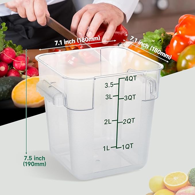 4 Pack Clear Food Storage Containers with Lids and Handles Polycarbonate Square Commercial Food Containers, NSF (4Qt)