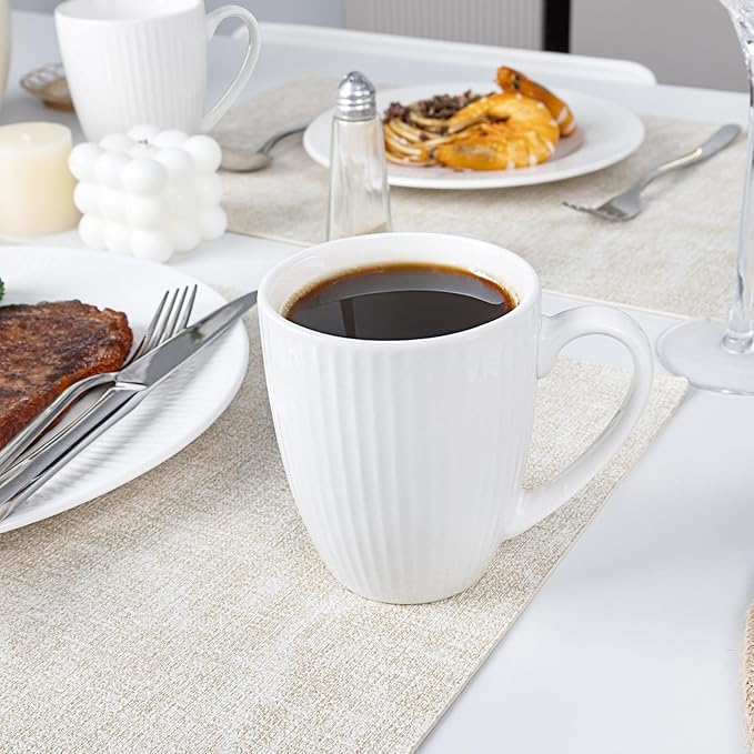 16 Piece Porcelain Dinnerware Sets for 4, White Plates and Bowls Sets with Mugs, Dishwasher and Microwave Safe - Embossed Stripe Decro, Elegant Kitchen Dish Sets, QOMO-1996