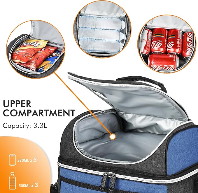 Tirrinia Reusable Lunch Box for Men Women, Insulated Lunch Bag Adult Work, Double Decker Leakproof Lunchbox for Office Picnic Beach—Dual Compartment Lunch Cooler Bag,Blue