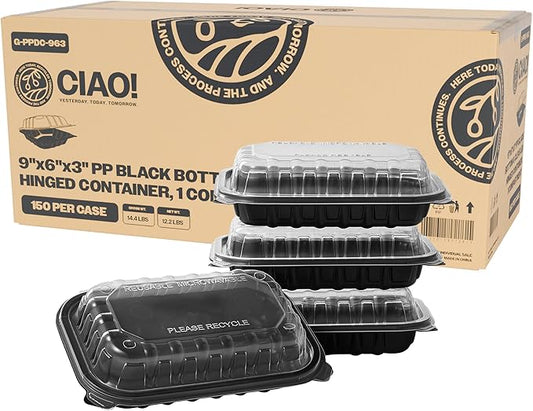 CIAO! 9"x6"x3" Polypropylene Black bottom with Clear Lid Hinged Container 1 Compartment Take Out Container, Microwavable, Recyclable and Reusable, (Case of 150)