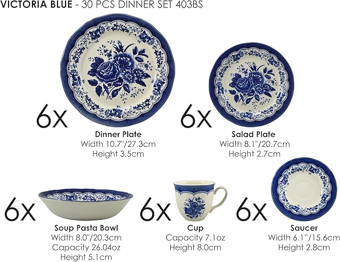 Tudor Royal 30-Piece Porcelain Round Dinnerware Set, Service for 6, Victoria Blue Design, Blue Floral, Plates Bowls Mugs Dishes Saucers, Glossy, Premium Quality Tableware, Unique Pattern