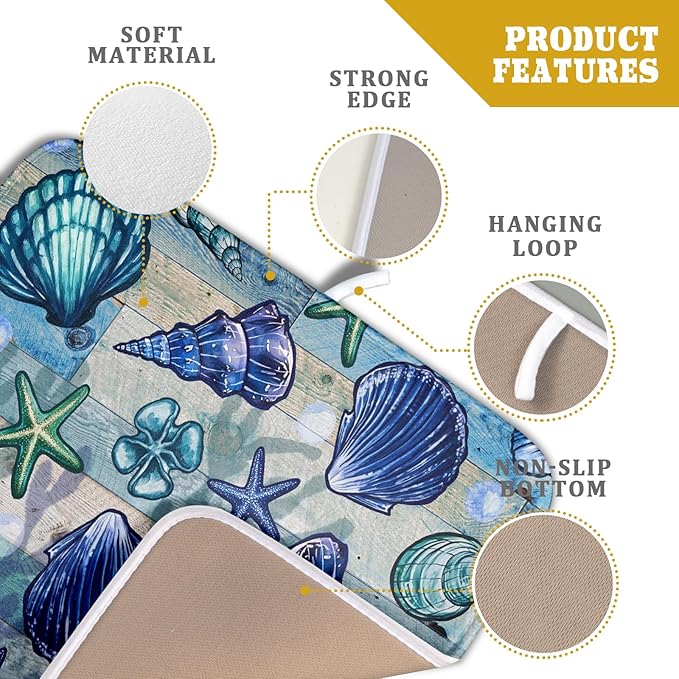 Starfish Seashell Dish Drying Mat 16x18 inch Coastal Beach Dish Drainer Rack Pad Absorbent Microfiber Fast Dry Kitchen Counter Accessories
