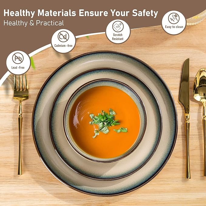 GBHOME Ceramic Dinnerware Sets for 4, 12 Pieces Stoneware Plates and Bowls Sets, Scratch Resistant Dishes, Dishwasher & Microwave Safe, Reactive Glaze-Gravel