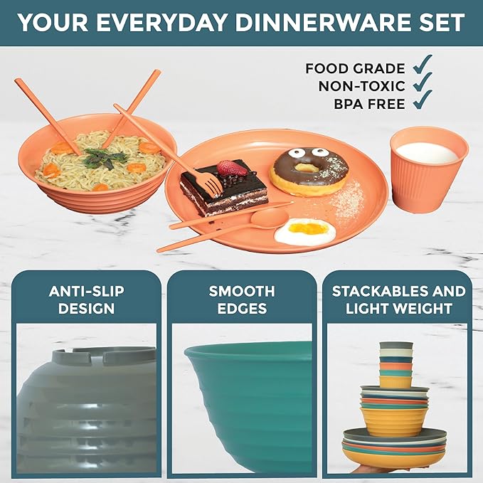 48 Pcs Wheat Straw Dinnerware Sets for 6- Unbreakable Dinnerware Set with Large Plates, Bowls and Cups-BPA Free, Lightweight, Microwave Safe Wheat Straw Plates and Bowls Sets, RV Camping Dishes