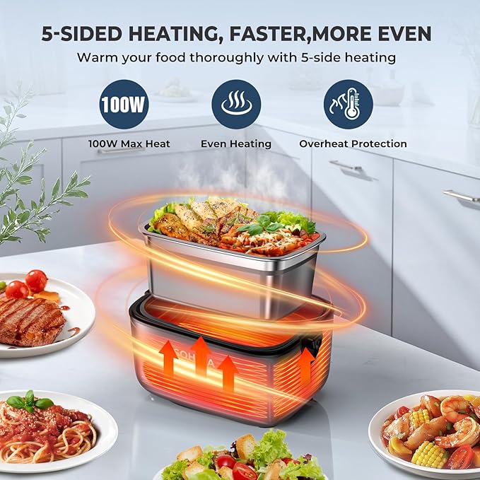 100W Cordless Electric Lunch Box for Adults & Men, Rechargeable Battery Powered Heated Lunch Box, 1.2L Portable Food Warmer Lunchbox with 5-Sided Heating for Work Car Outdoor Use