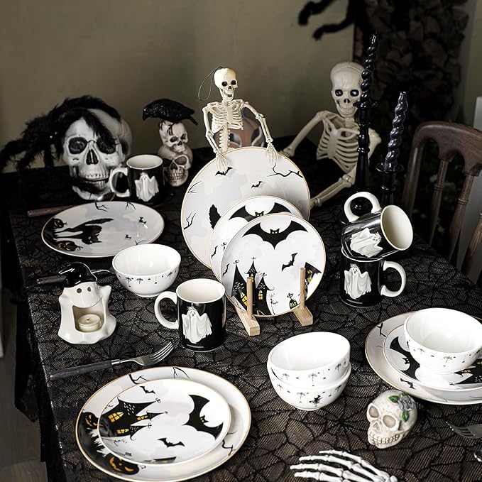 16 Pcs Halloween Dishes Dinnerware Set Serve 4 Guest Vintage Halloween Dinner Plates Ceramic Spooky Serving Dishes Haunted House Gifts Dessert Plate Bowl Mug for Holiday Kitchen Decoration