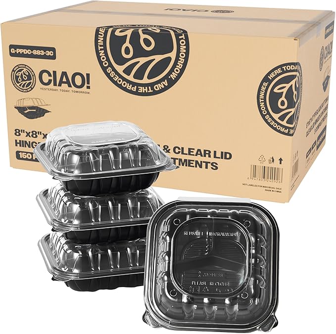 CIAO! 8"x8"x3" Polypropylene Black bottom with Clear Lid Hinged Container 3 Compartment Take Out Container, Microwavable, Recyclable and Reusable, (Case of 150)