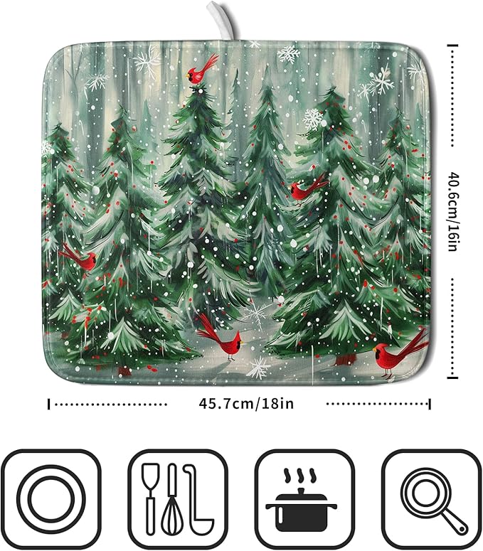 Winter Pine Tree Dish Drying Mat Red Bird Berry Dishes Drainer Mats Absorbent Microfiber Kitchen Counter Protector Drying Mats 16x18 Inch