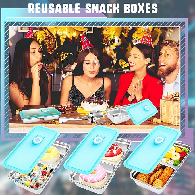 8 Set Stainless Steel Snack Containers with Lids Reusable 2 Compartment Snack Box Spoon Fork for Travel Outing Picnic Fruit Cookies Snacks Waffles Food